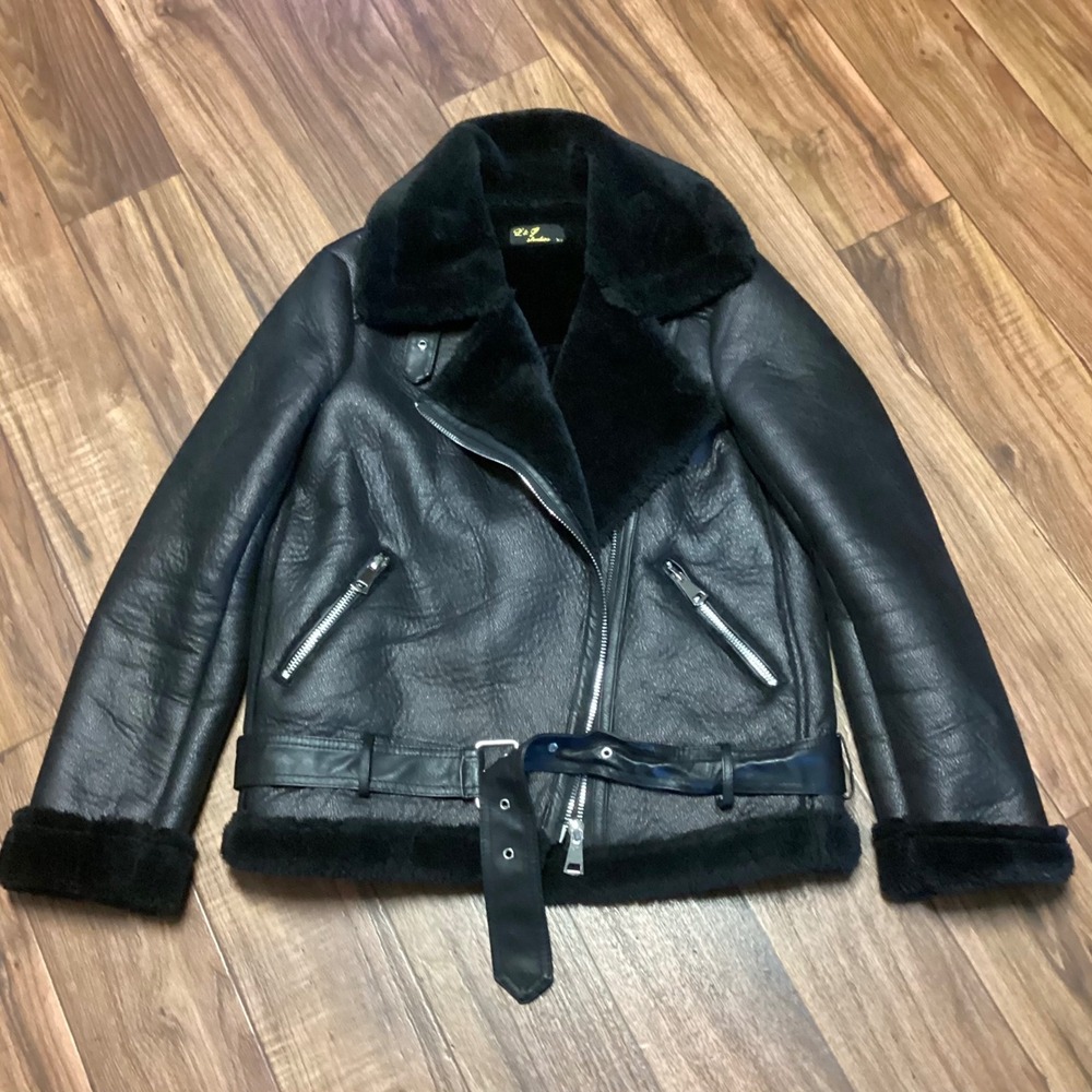 L&J Studios Womens Black Faux Shearling Aviator Moto Jacket Belted XS Gothic - Picture 10 of 11